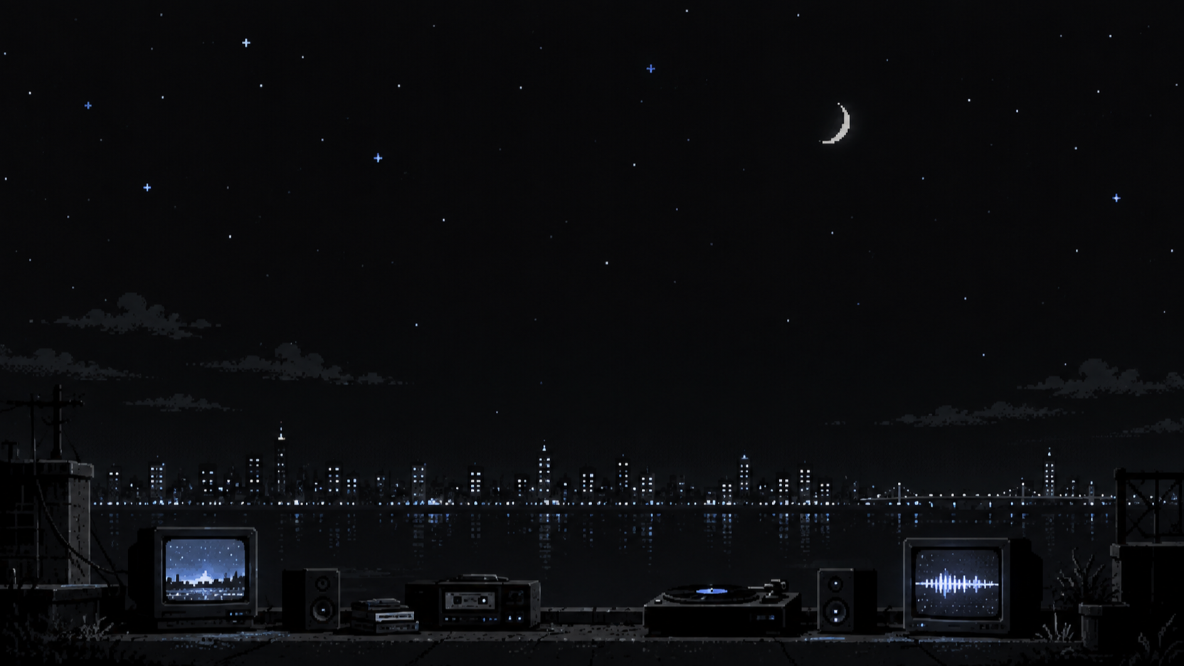 Paisagem noturna pixelada com equipamentos de música e computadores
